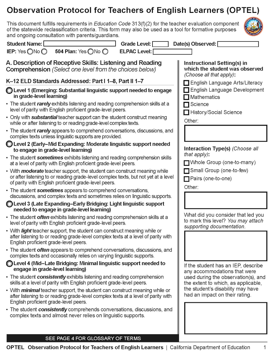 Observation Protocol for Teachers of English Learners (OPTEL) Tool